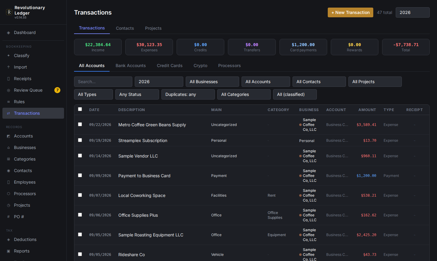 The transaction list with classification applied
